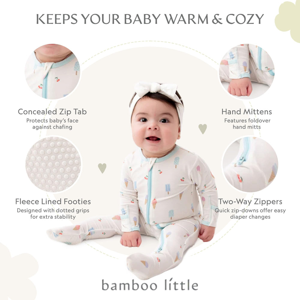 Bamboo Little two-way zip footie enabling easy diaper changes and quick dressings.