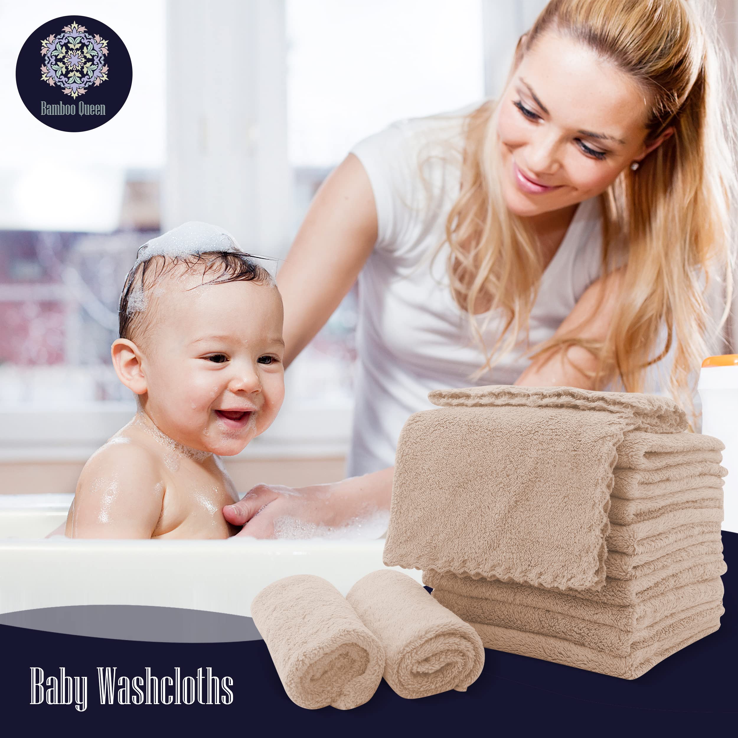 BAMBOO QUEEN washcloths laid out, 10x10 size ideal for baby bathtime and gentle cleansing