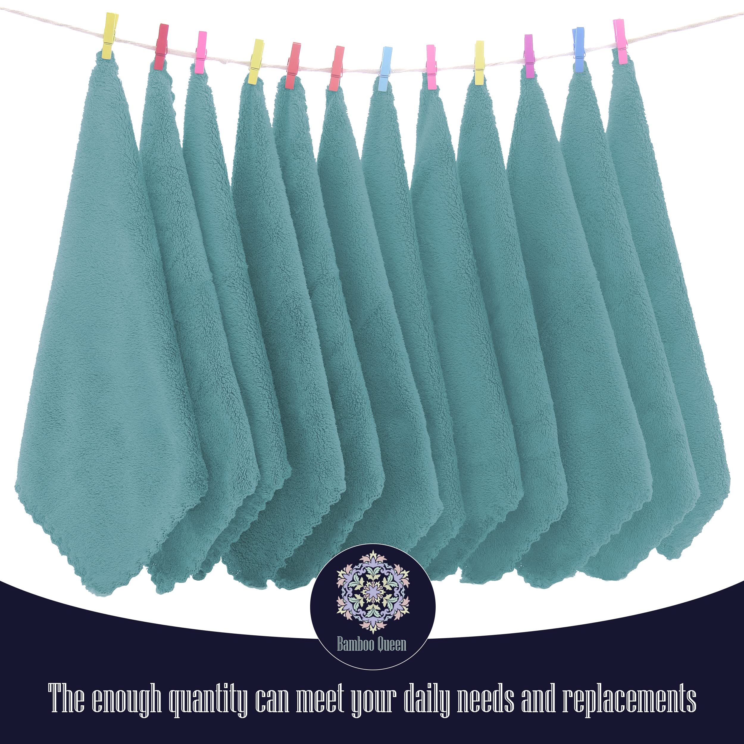 Bamboo Queen 16-pack teal coral fleece washcloths highlight no-pilling and durability.
