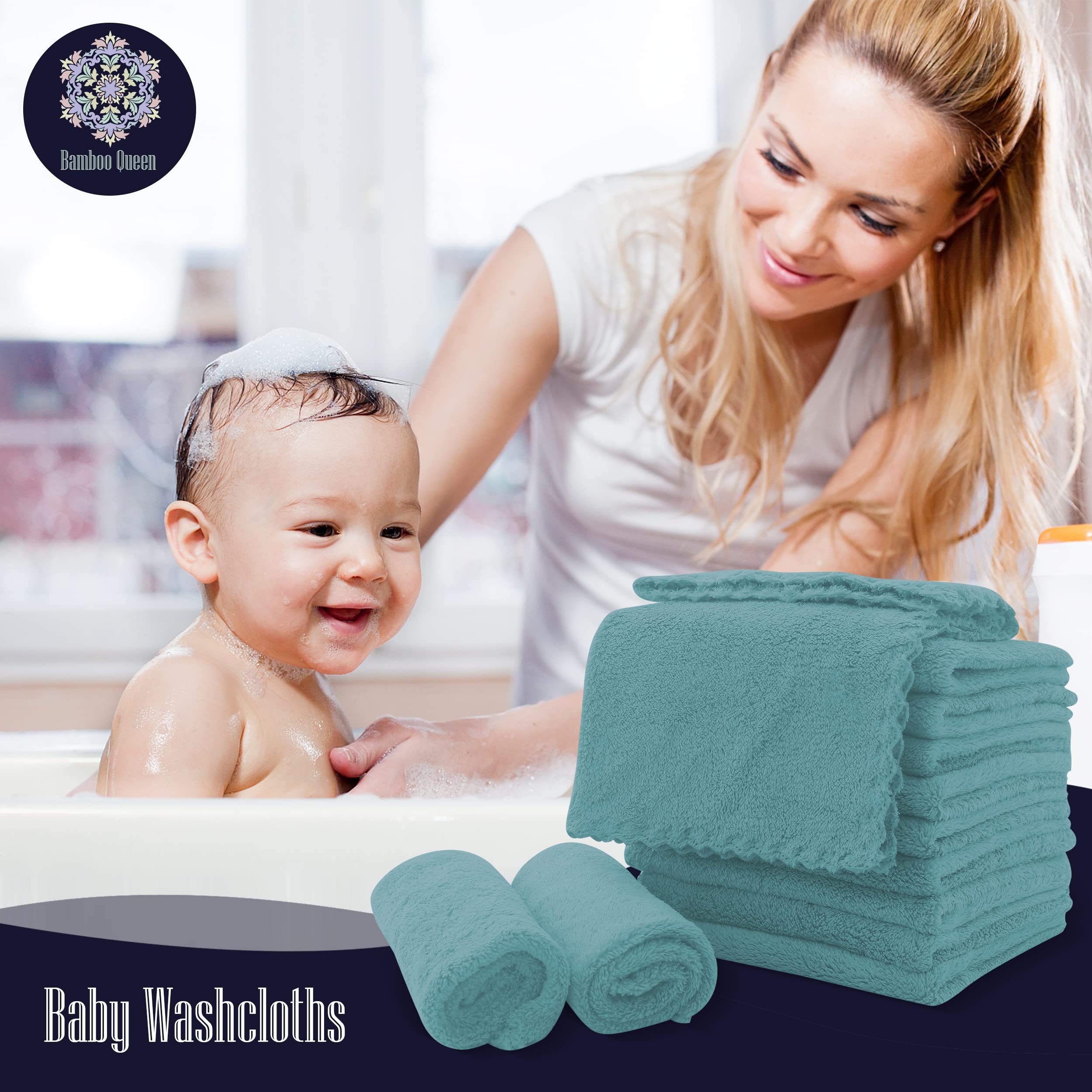 Bamboo Queen baby washcloths teal showcase no shrinkage after many washes.