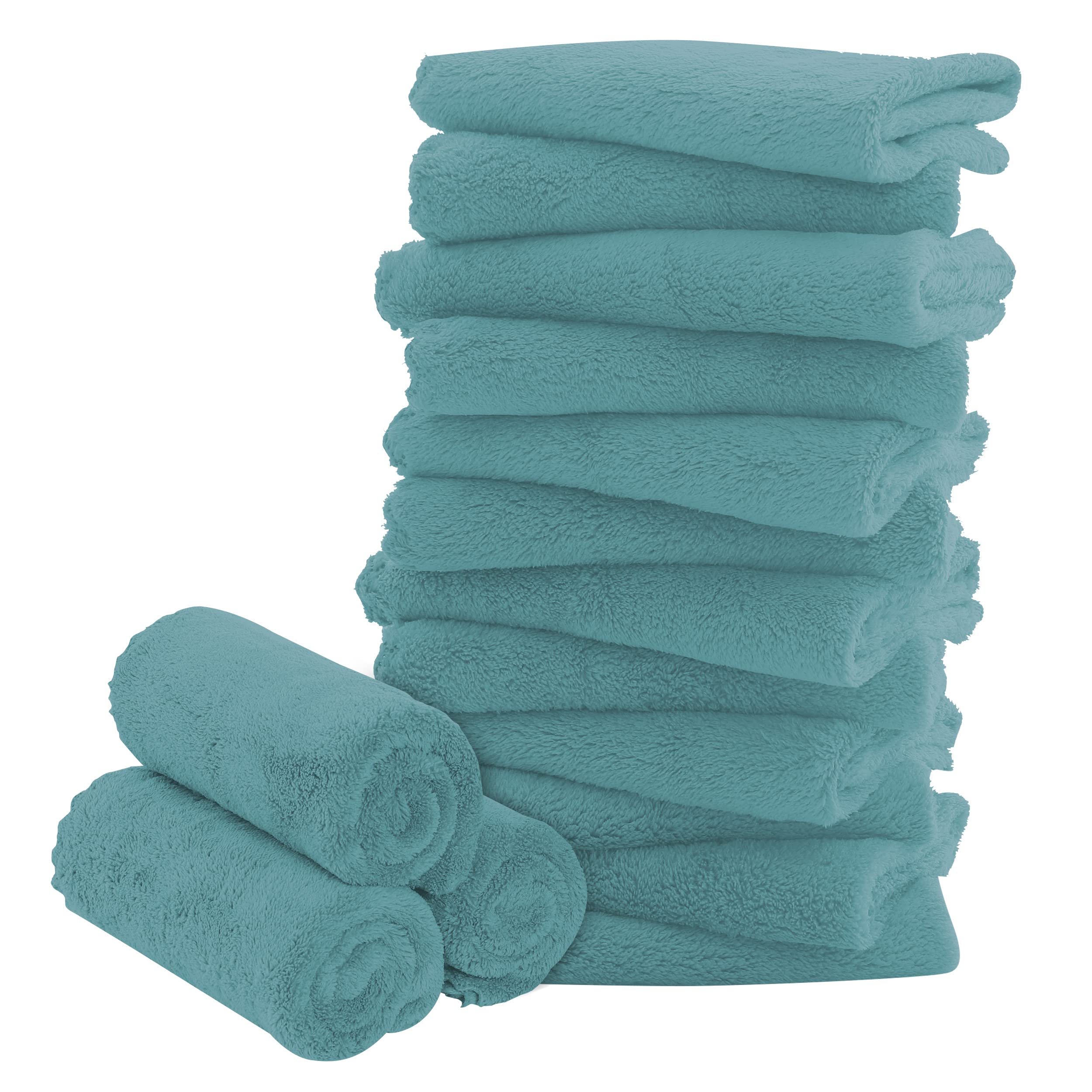 Bamboo Queen 16-pack baby washcloths teal soft coral fleece for gentle cleansing.