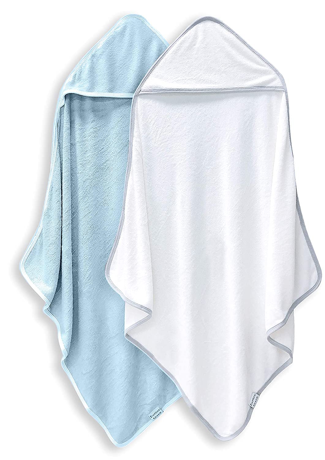 Bamboo Queen 2Pack baby bath towels laid flat in white and blue, ultra-soft for delicate skin.