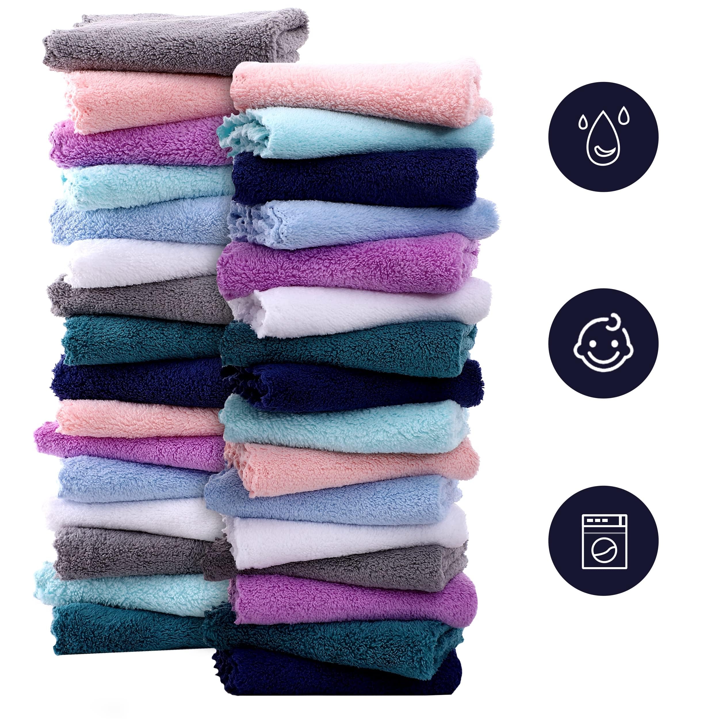 BAMBOO QUEEN 32-pack washcloths folded; easy storage and organization.