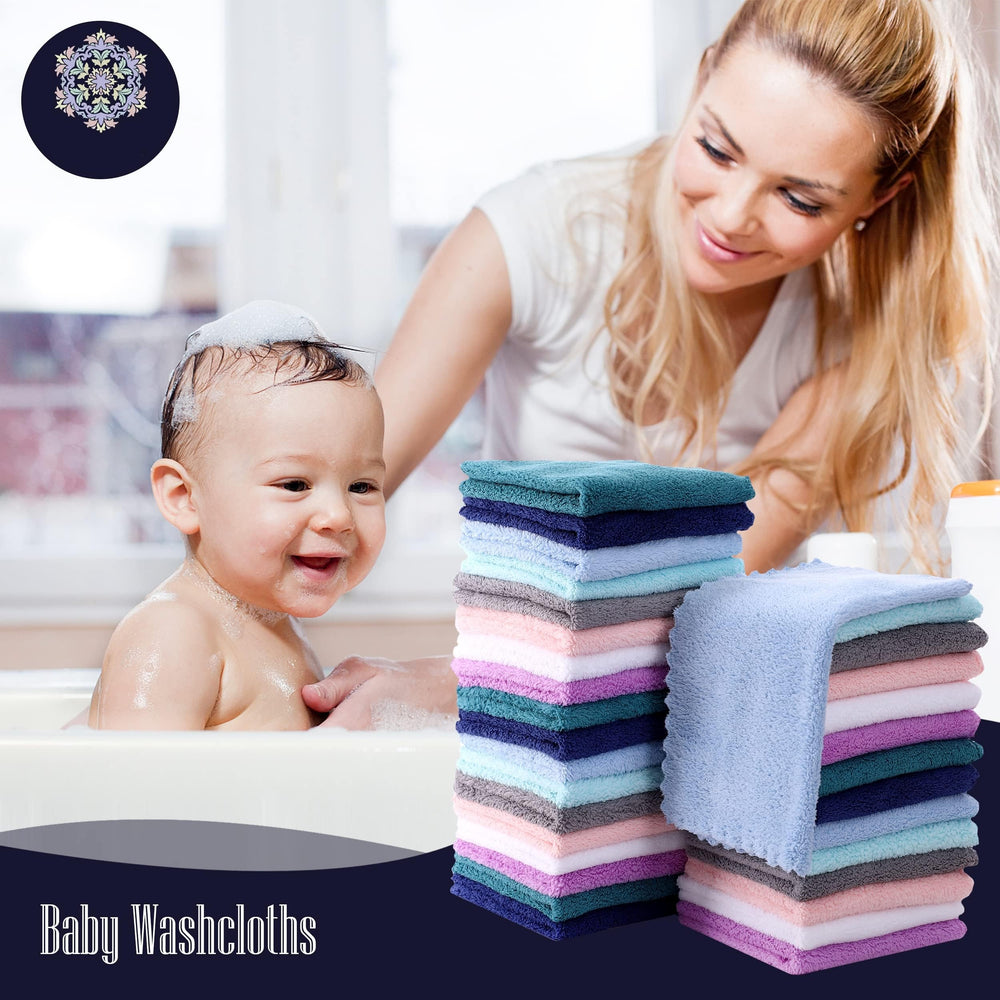 BAMBOO QUEEN 32-pack multicolor washcloths; versatile uses for bath, wipes, burp cloths and face.