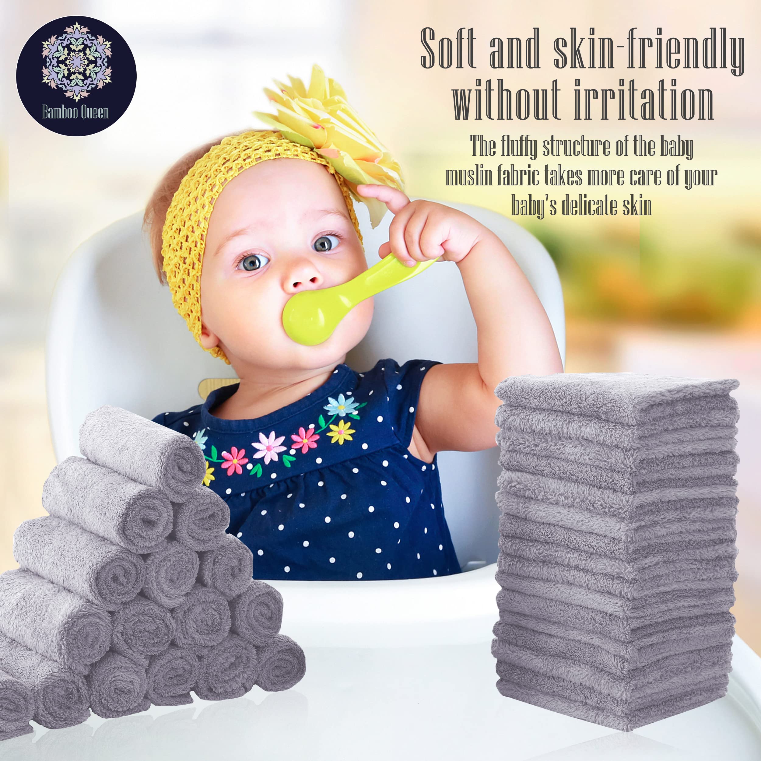 Baby bath time scene with Bamboo Queen washcloths showing soft touch