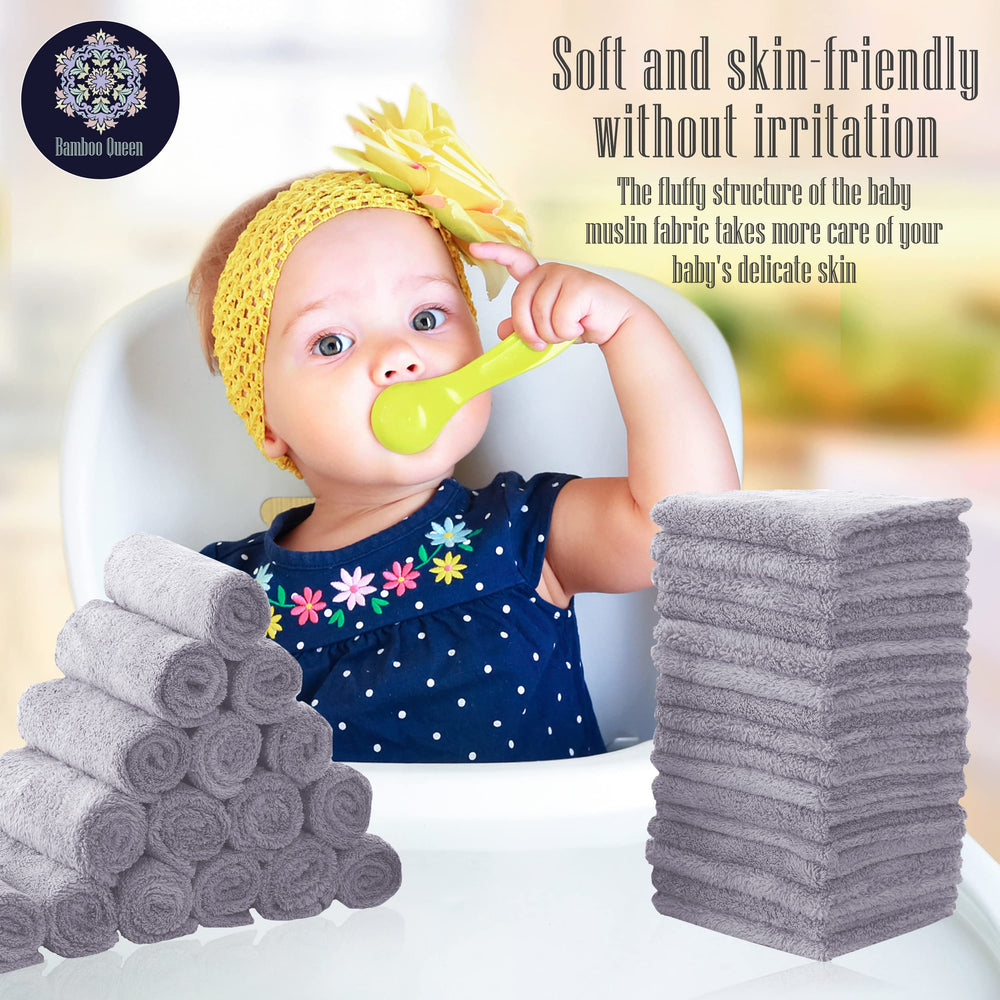 Baby bath time scene with Bamboo Queen washcloths showing soft touch