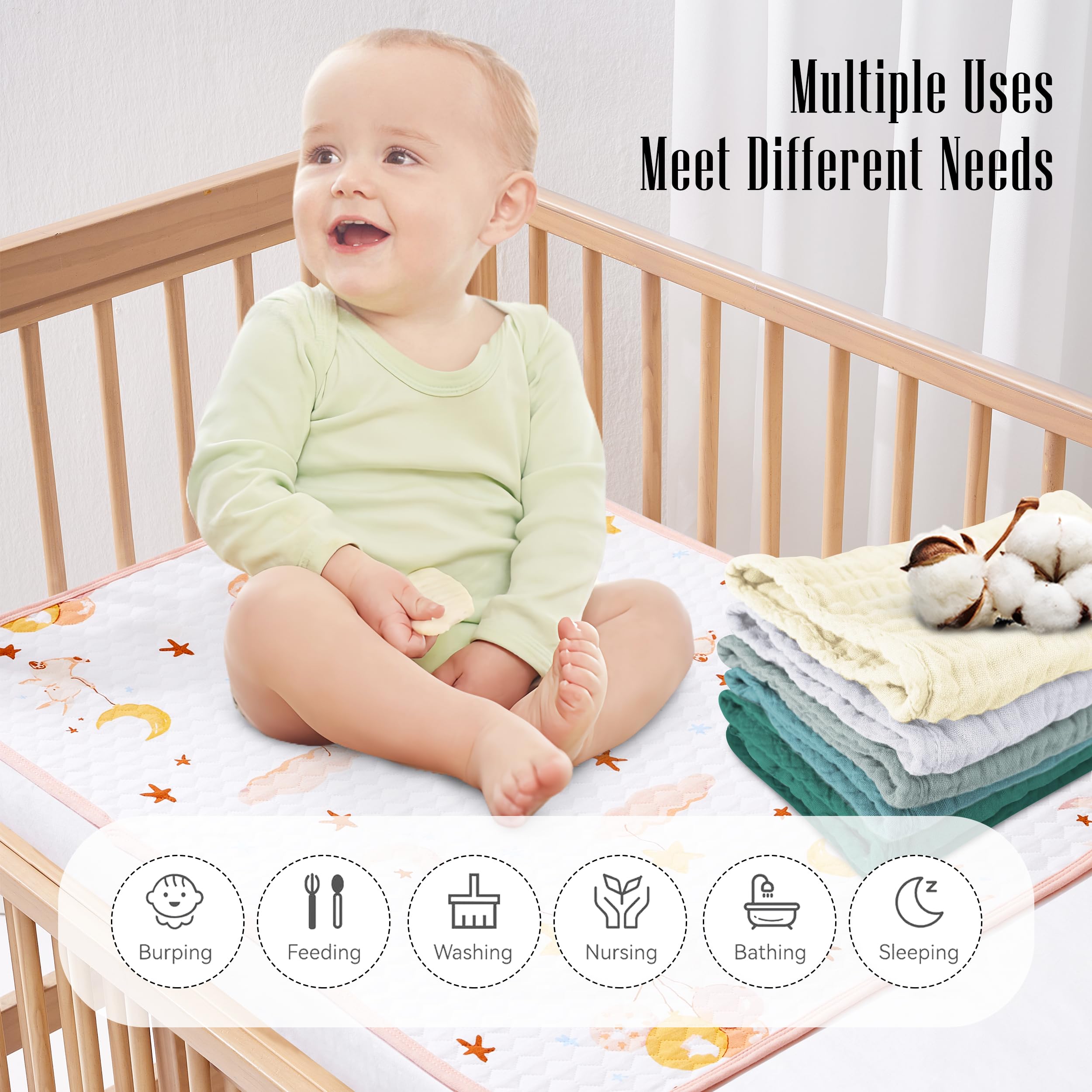 BAMBOO QUEEN four-layer muslin close-up highlights ultra-absorbent baby drool protection.
