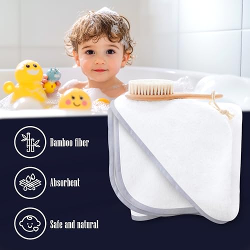 BAMBOO QUEEN hooded towel worn by baby during bath for warm, cozy post-bath feel.