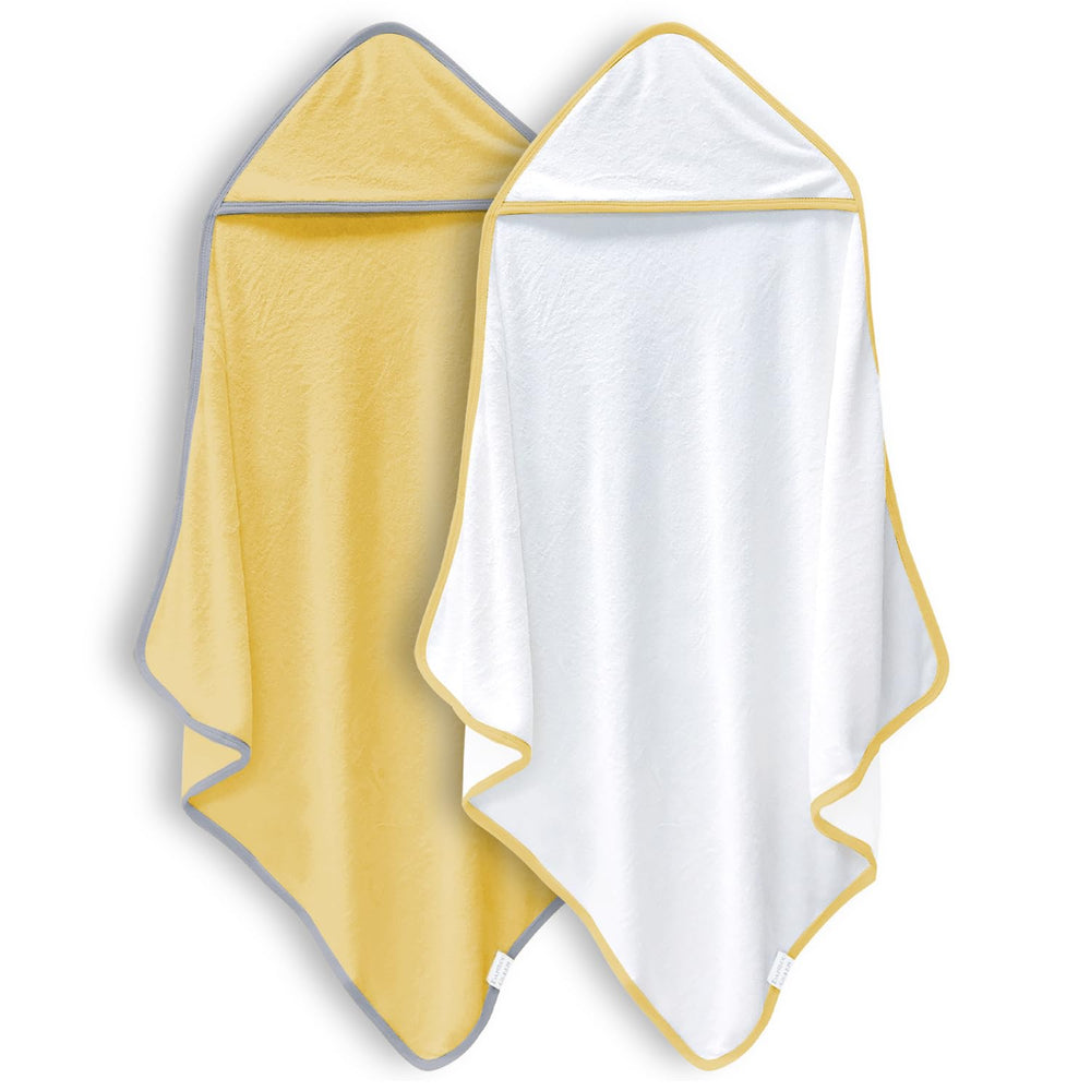 Bamboo Queen hooded towel set in white and yellow, 30x30, plush and gentle for babies.