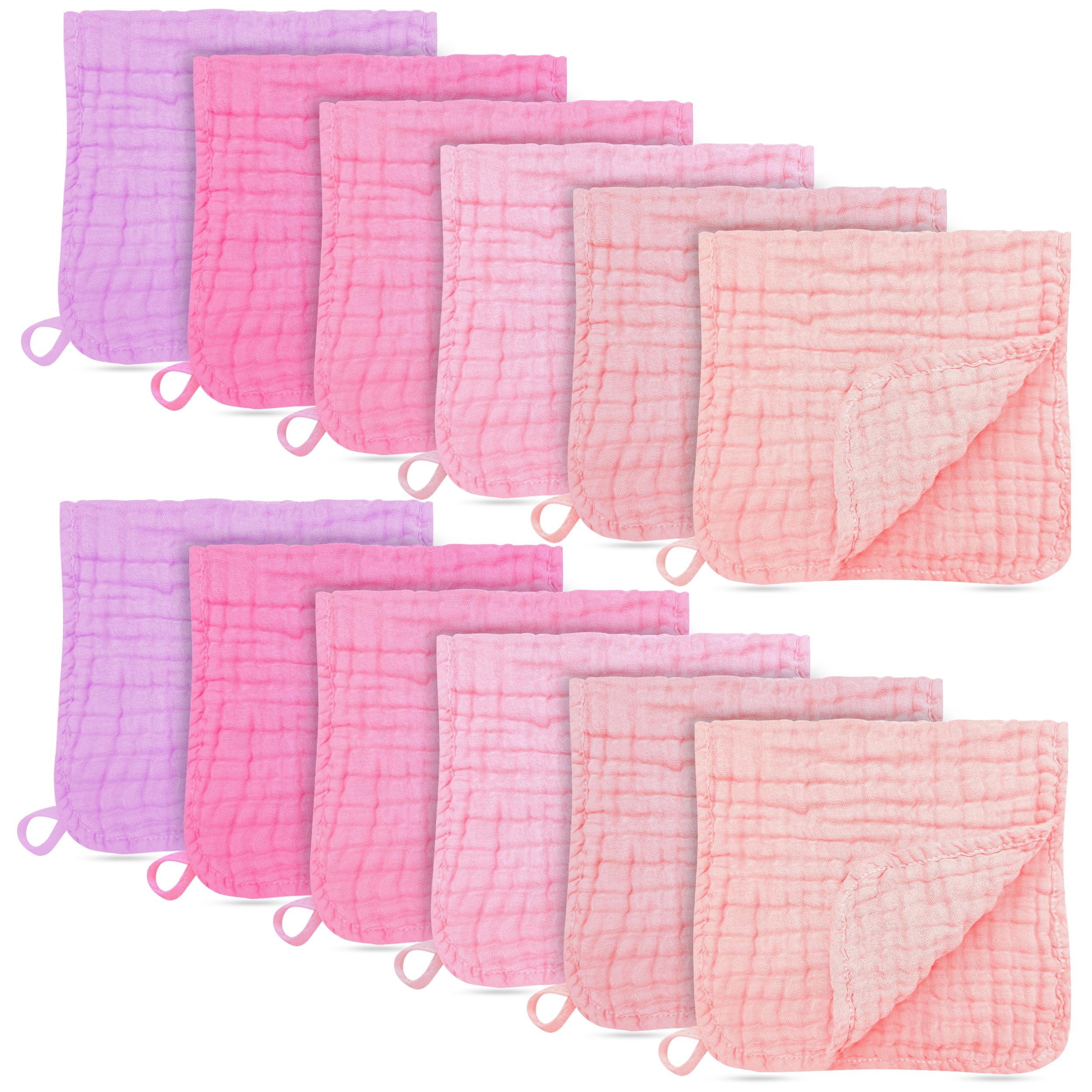 Bamboo Queen 12-pack muslin burp cloths folded, soft and versatile for baby care.