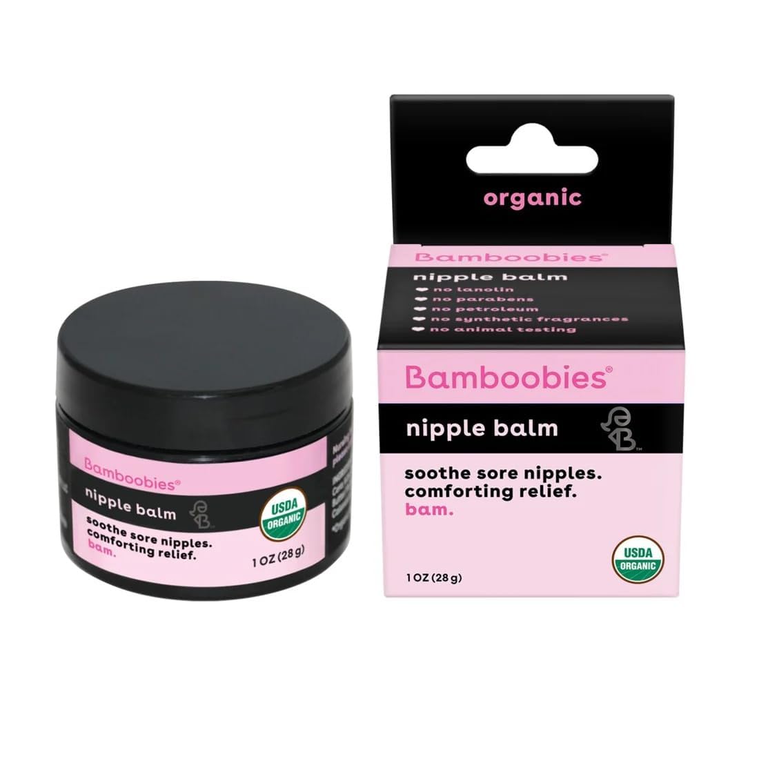 Bamboobies nipple balm jar closeup showing organic ingredients for gentle nipple care.