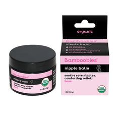 Bamboobies nipple balm jar closeup showing organic ingredients for gentle nipple care.