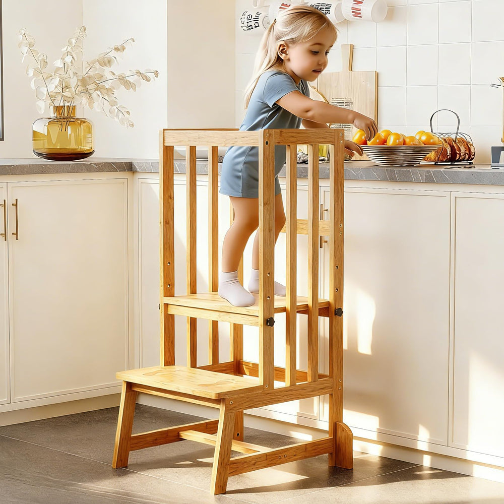 BAMBOOHOMIE kids kitchen step stool angled front view for safe toddler use.
