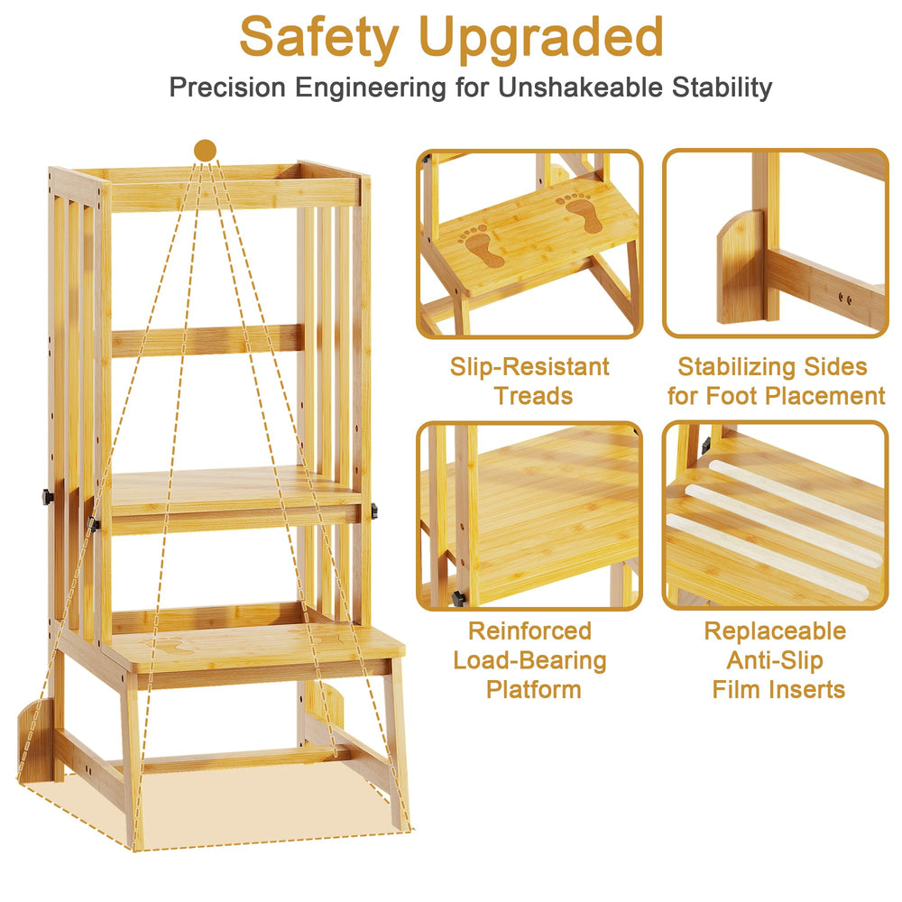 BAMBOOHOMIE adjustable step stool showing multiple height positions for growing children.