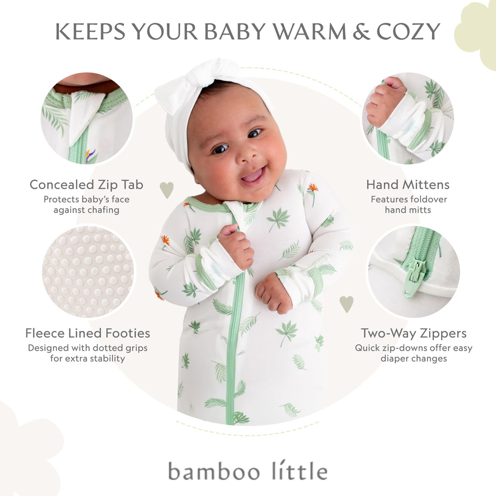 Bamboo Little two-way diagonal zipper footie enables easy diaper changes.