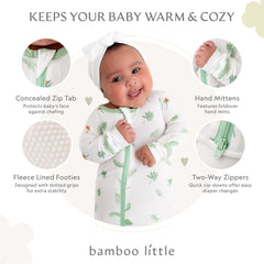 Bamboo Little two-way diagonal zipper footie enables easy diaper changes.