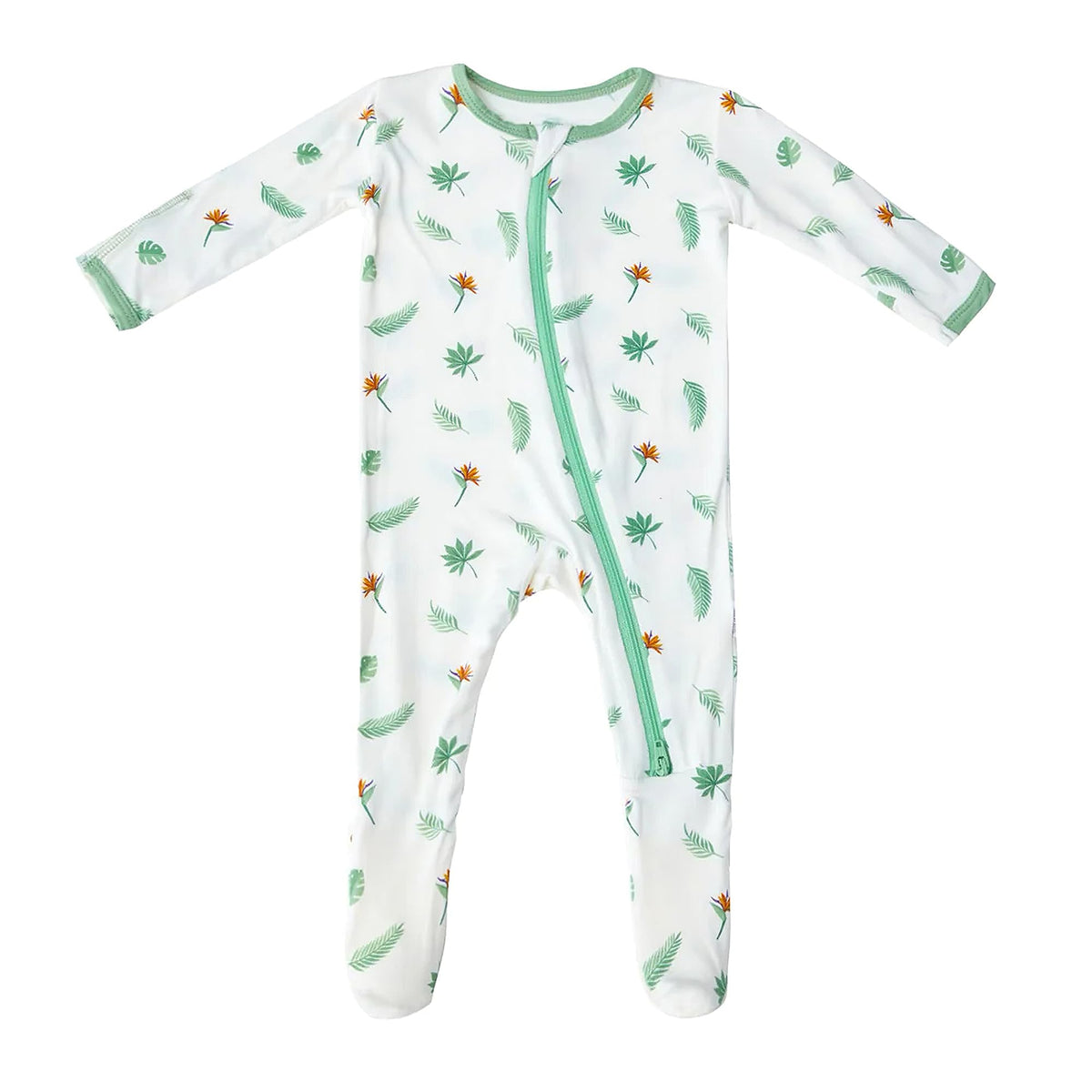 Bamboo Little soft baby footie pajamas Bird of Paradise frontal view for cozy newborn sleep.