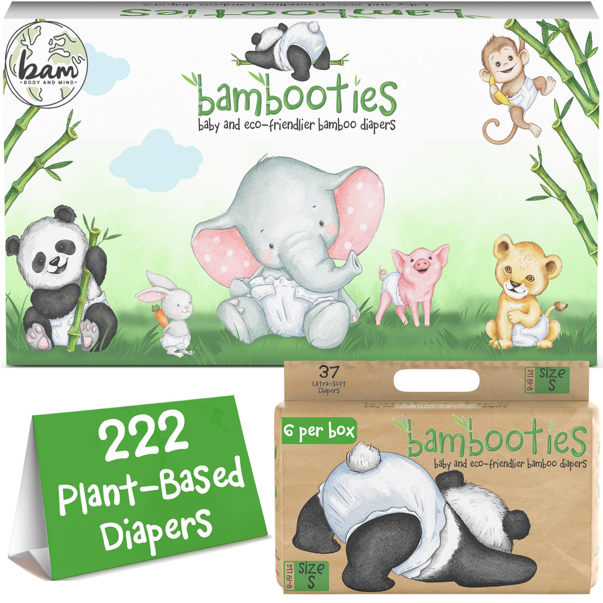 Bambooties bamboo diapers small pack front with eco-friendly packaging.
