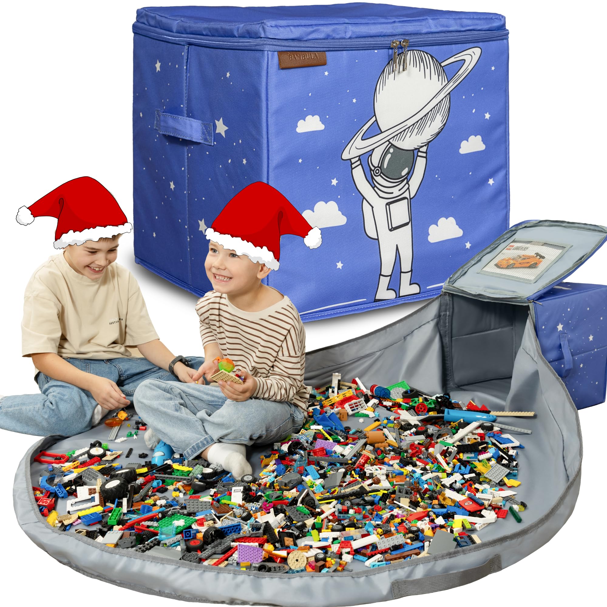BAMBULA 3-in-1 toy storage with blue astronaut play mat enables easy cleanup.