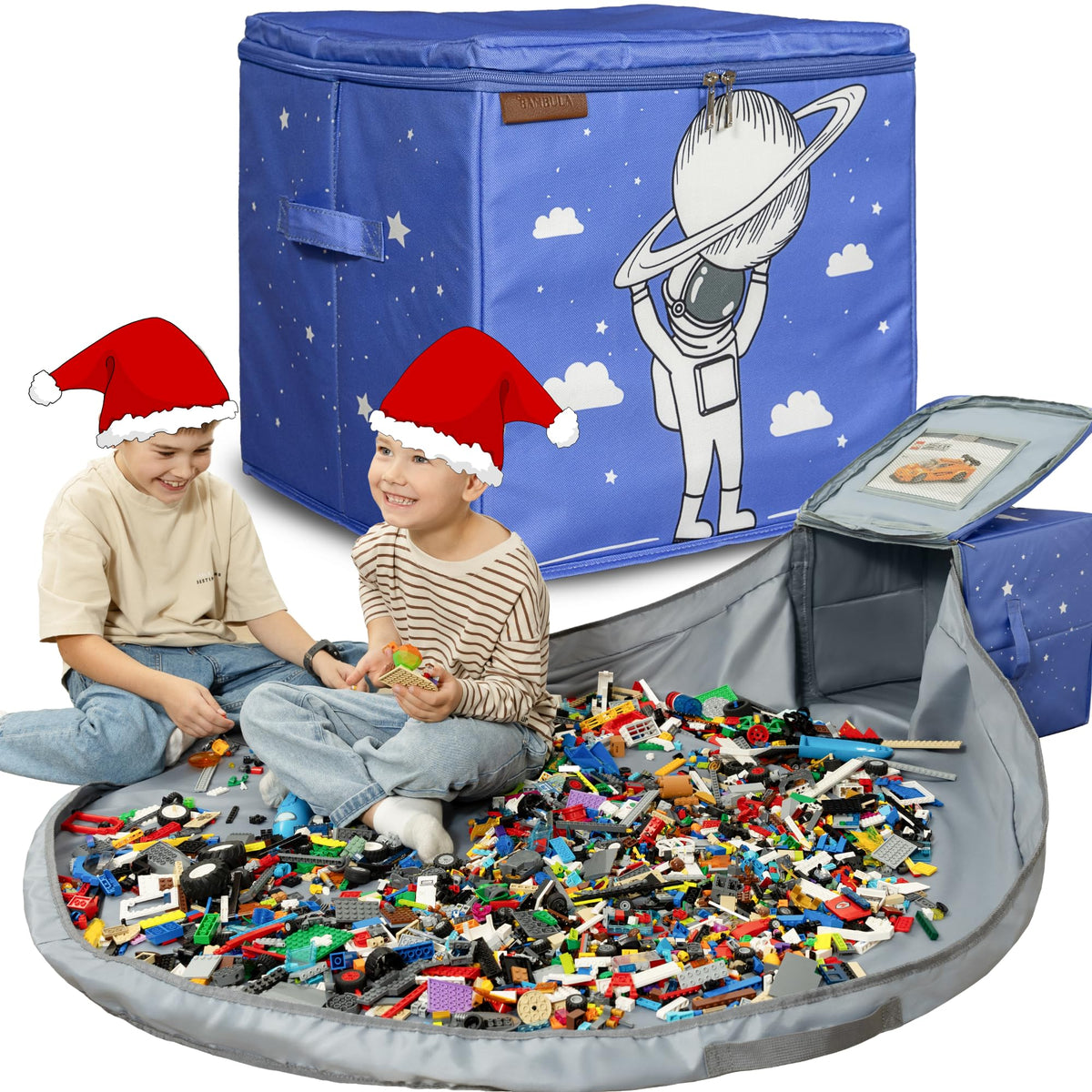 BAMBULA 3-in-1 toy storage with blue astronaut play mat enables easy cleanup.