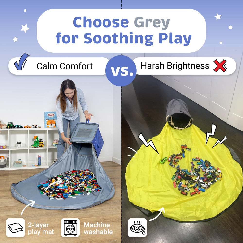 BAMBULA dedicated play space storage bin helps reduce clutter in kids' playroom.