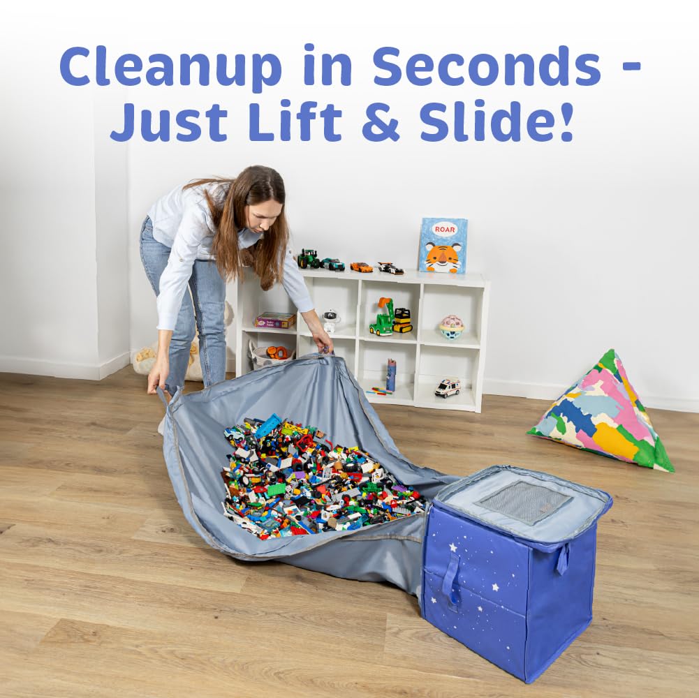 BAMBULA fold-and-store play mat in blue astronaut design promotes quick cleanup.