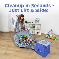 BAMBULA fold-and-store play mat in blue astronaut design promotes quick cleanup.