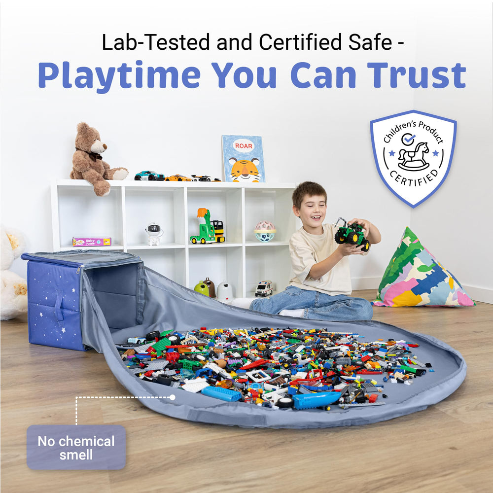 BAMBULA kid-friendly soothing colors storage bag creates calm play environment.