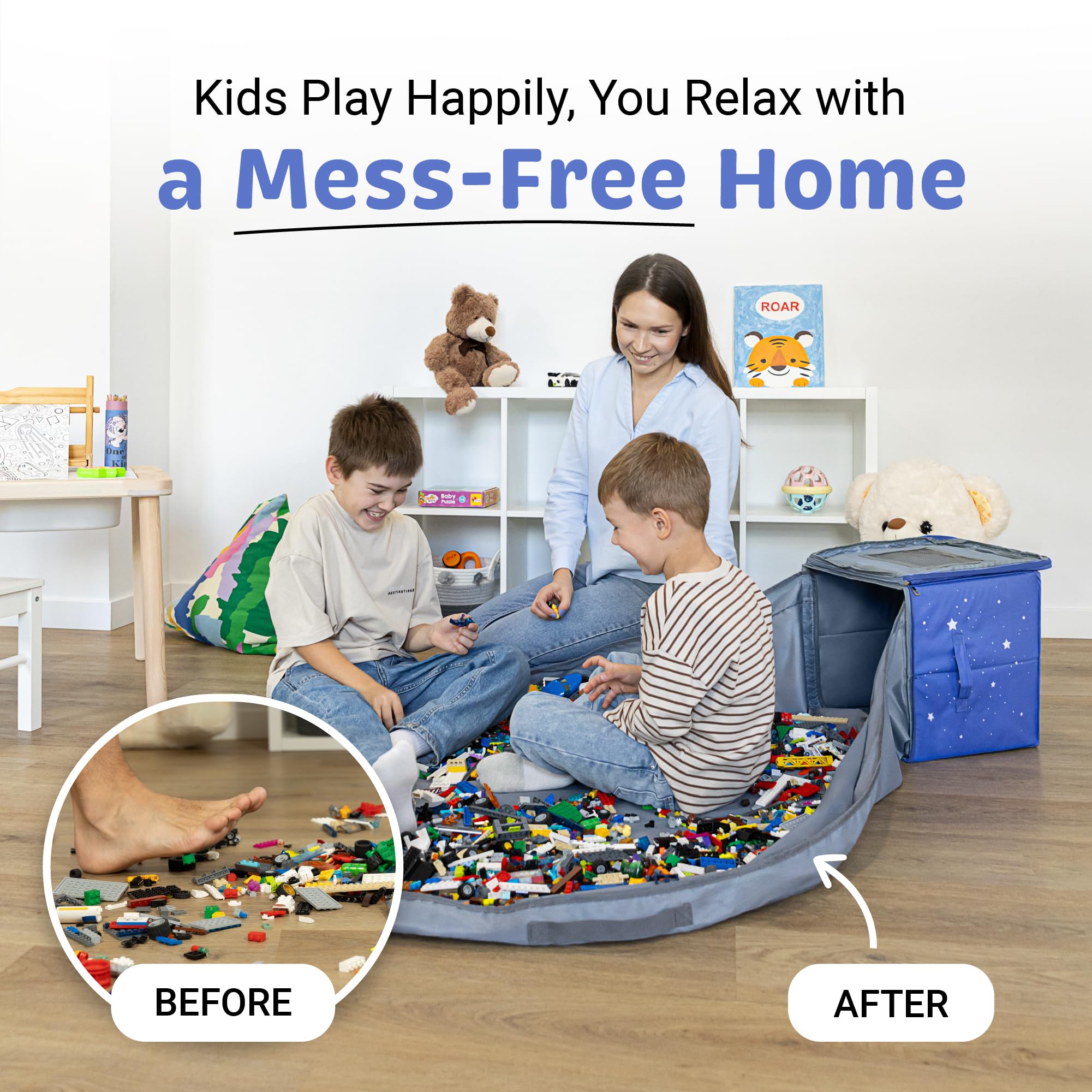 BAMBULA lego-duplo storage bag blue astronaut highlights quick tidy-up after building blocks.