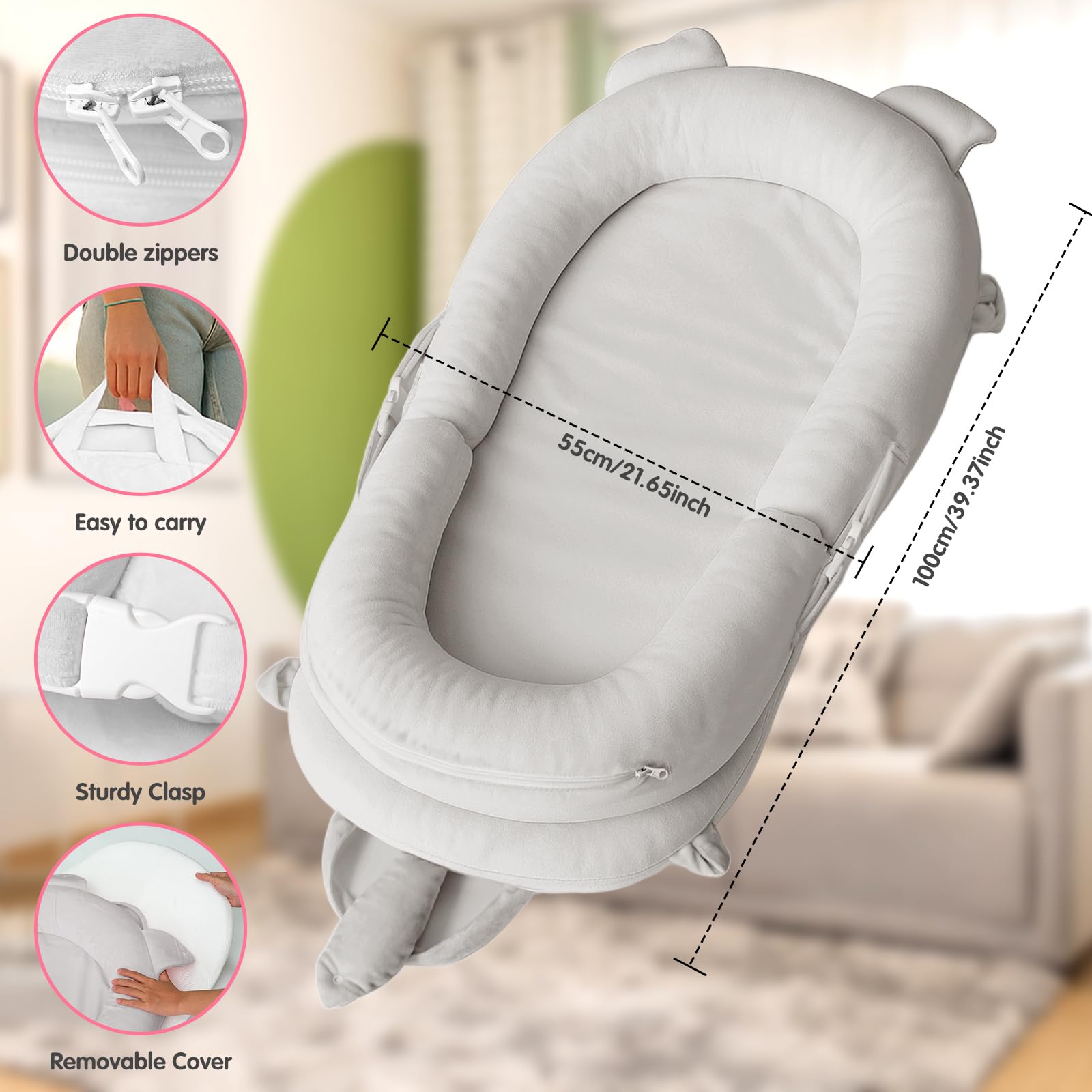 Banakshol baby lounger gray detachable pillow shows adjustable support.
