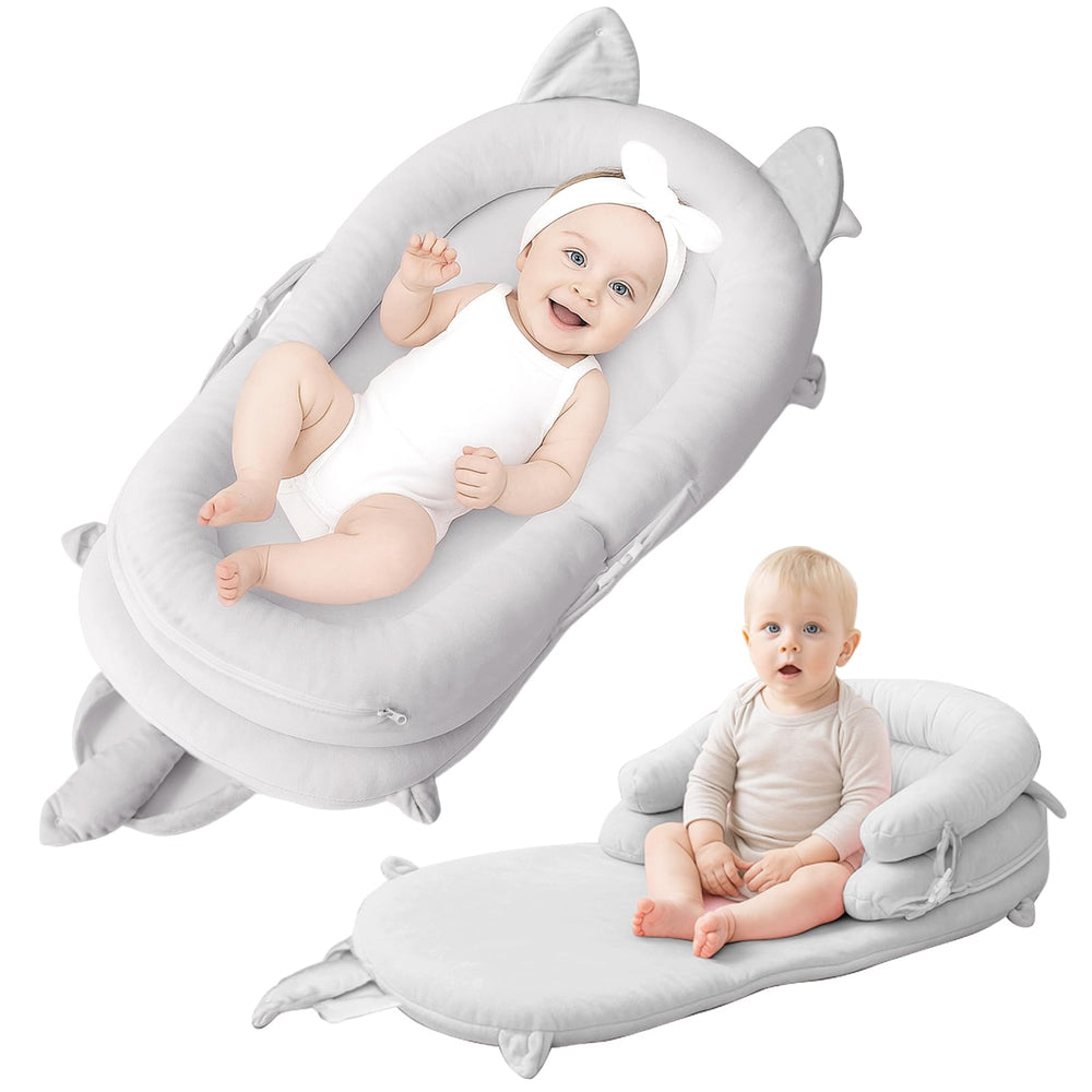 Banakshol baby lounger gray folded for portable storage and travel.