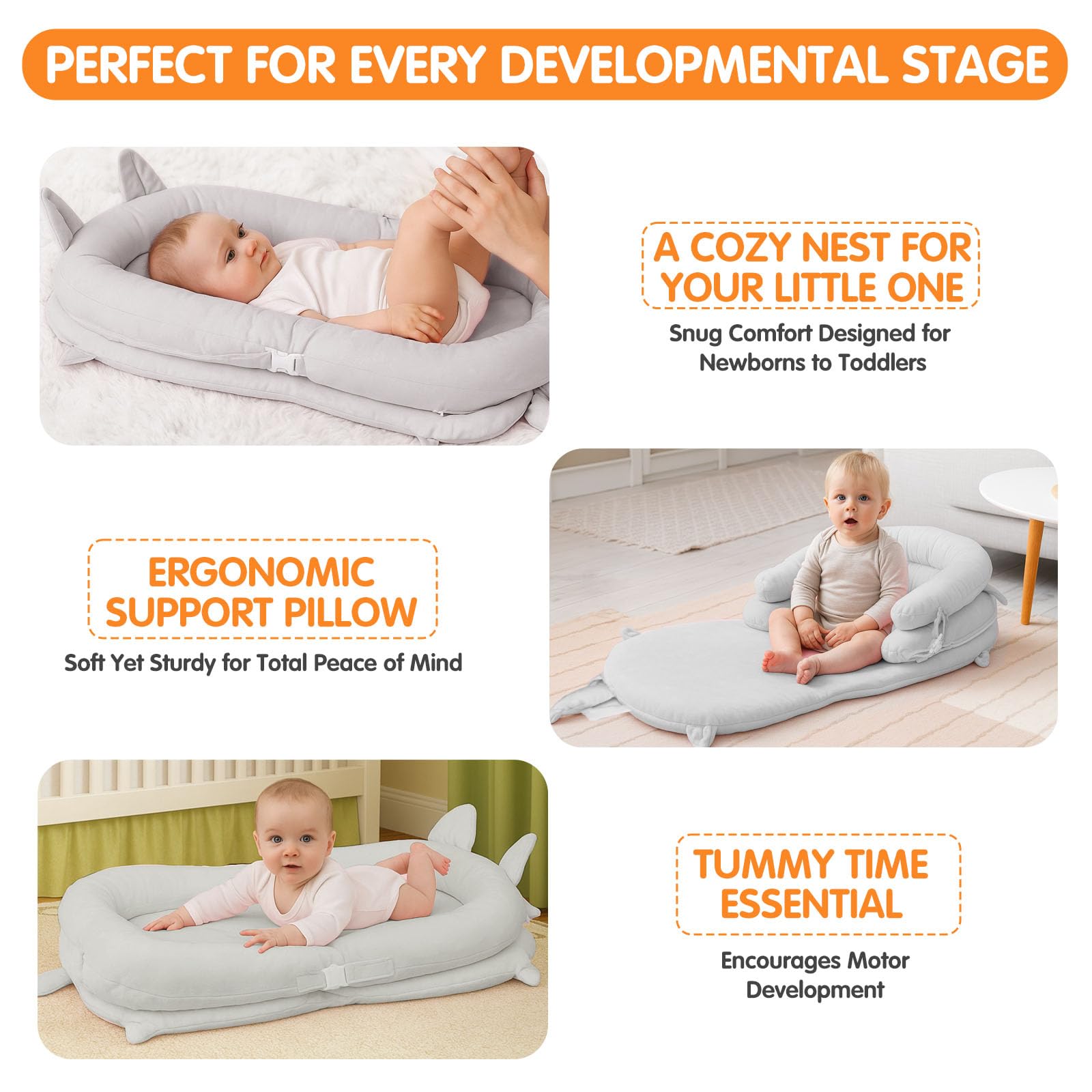 Banakshol baby lounger gray in use on a soft surface for resting.