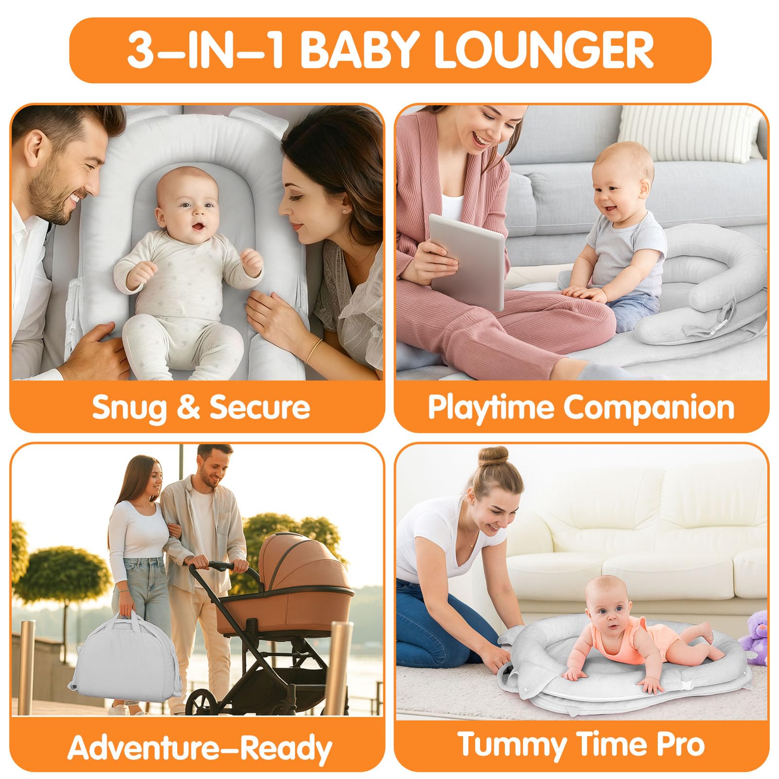 Banakshol baby lounger gray removable cover for easy cleaning.
