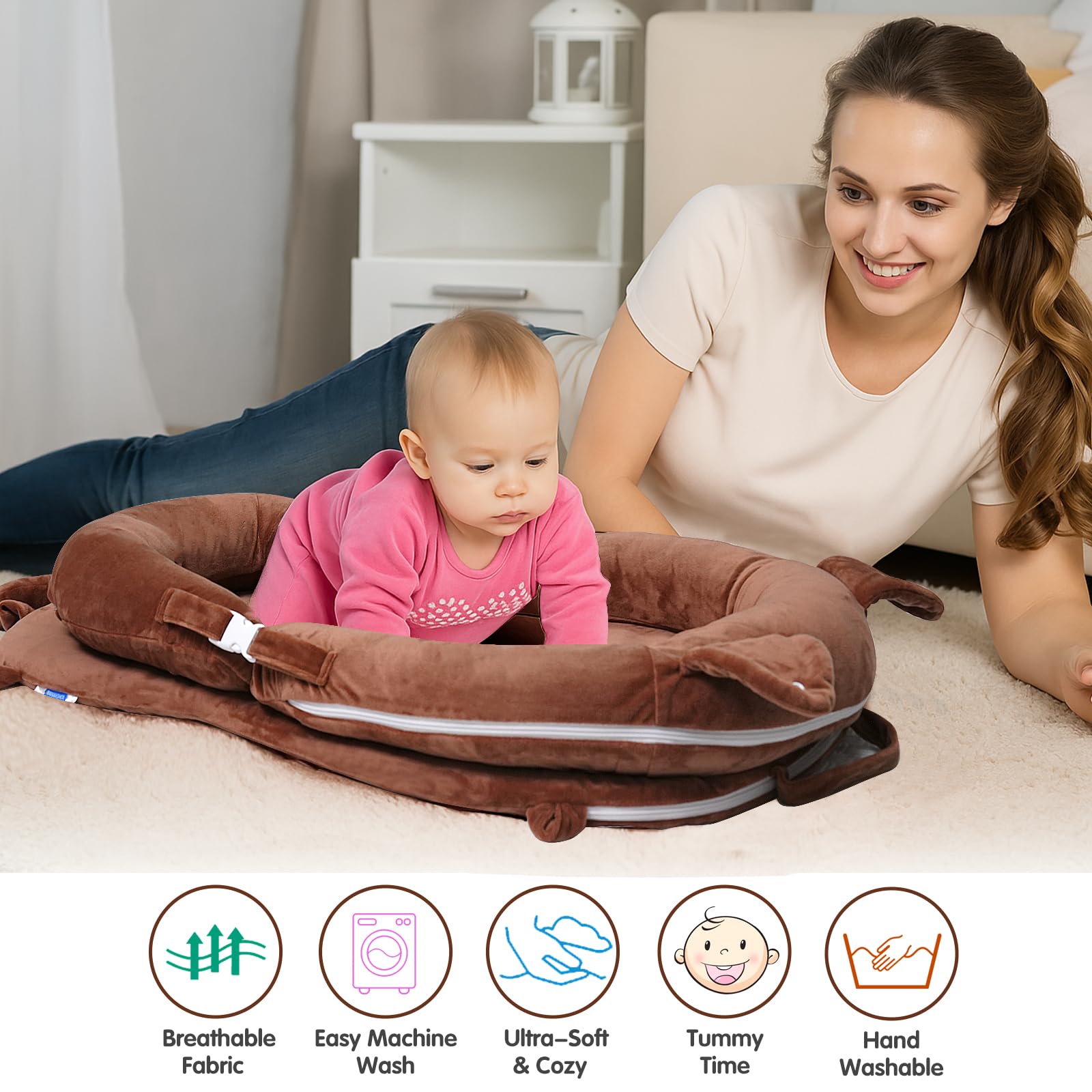 Banakshol Baby Lounger seated support pillow helps infants sit up comfortably during playtime.