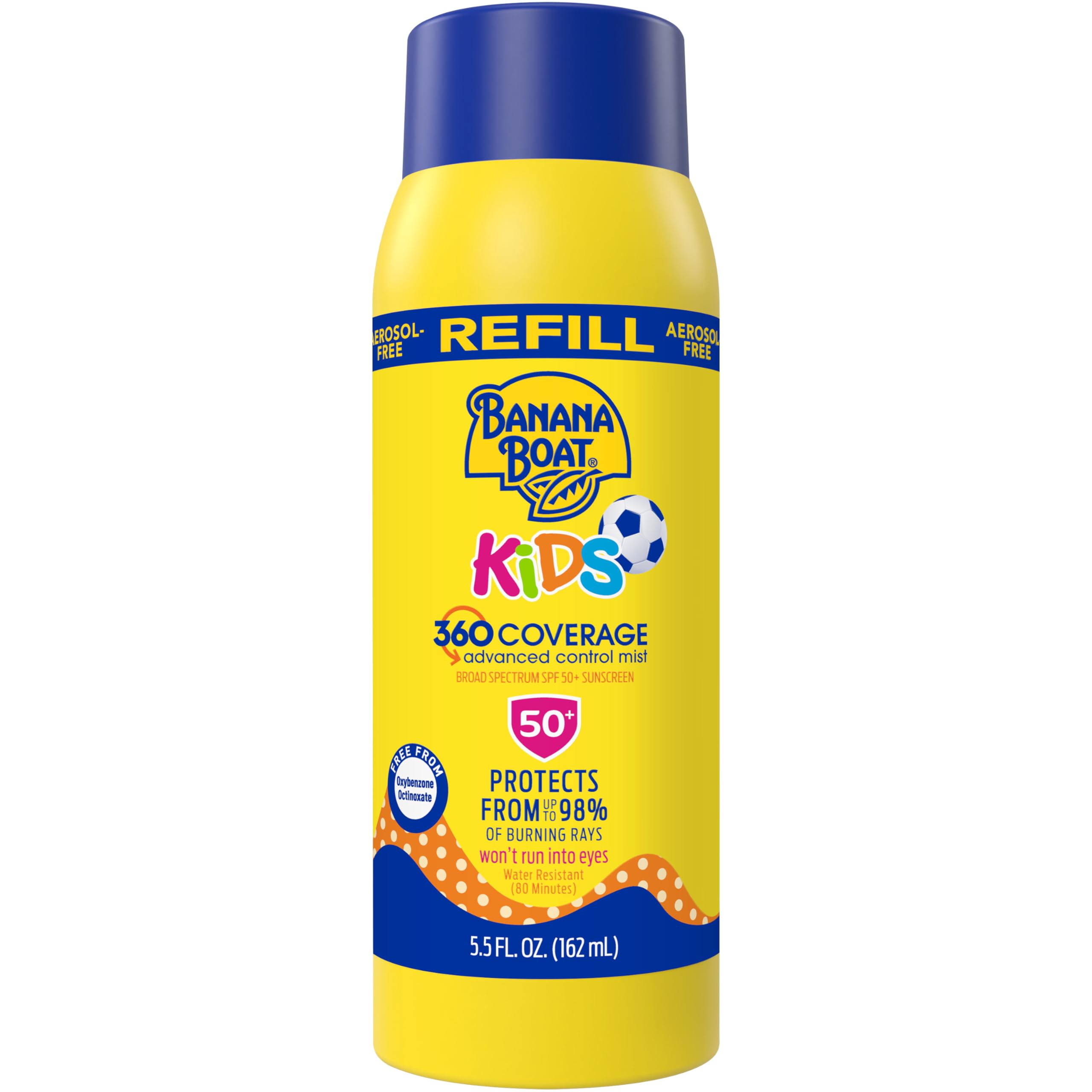 Banana Boat 360 Coverage Kids refill bottle ready for reuse and spray-on convenience