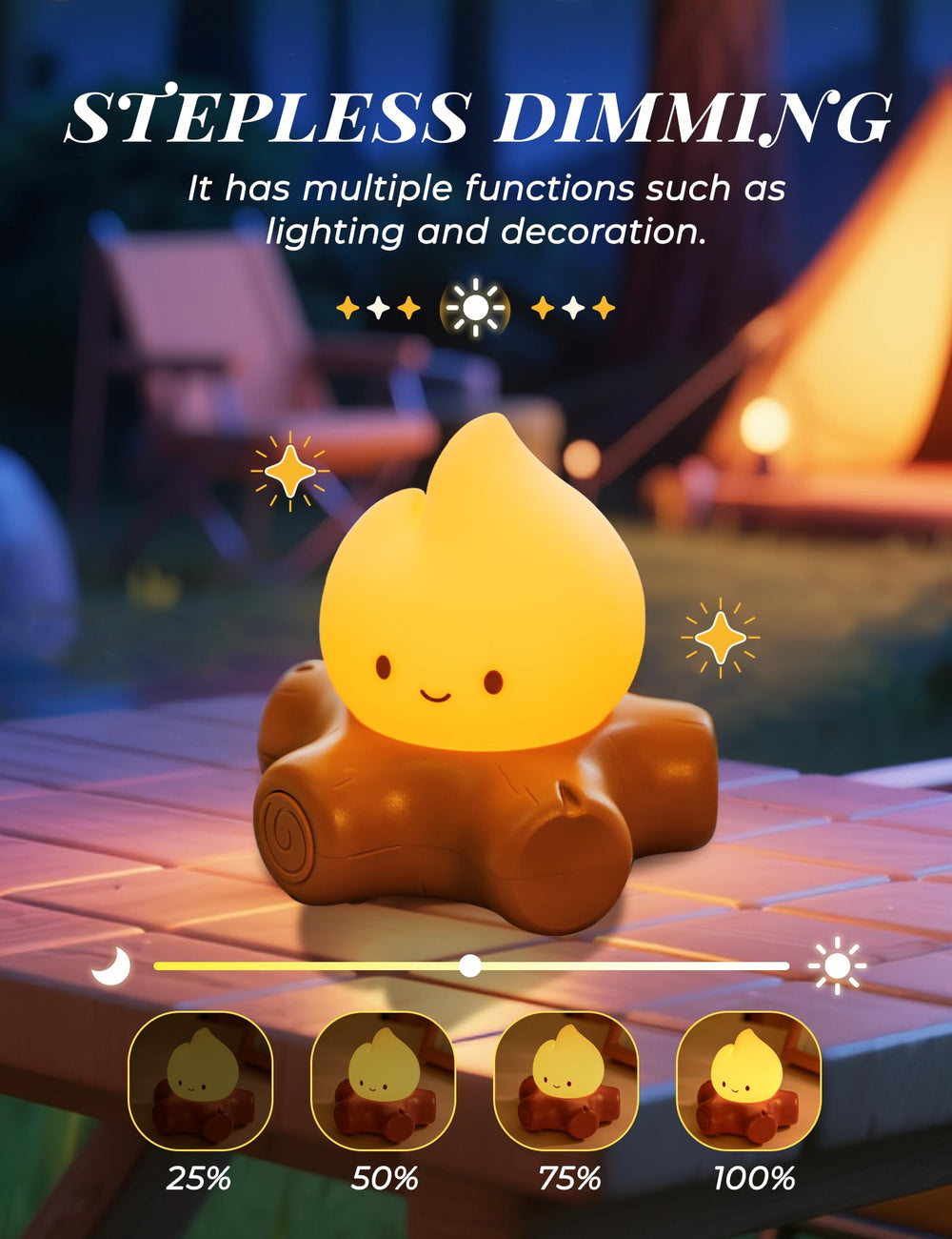 BANDIANCY Chibi Campfire Night Light silicone flame close-up demonstrates safe, flameless glow.
