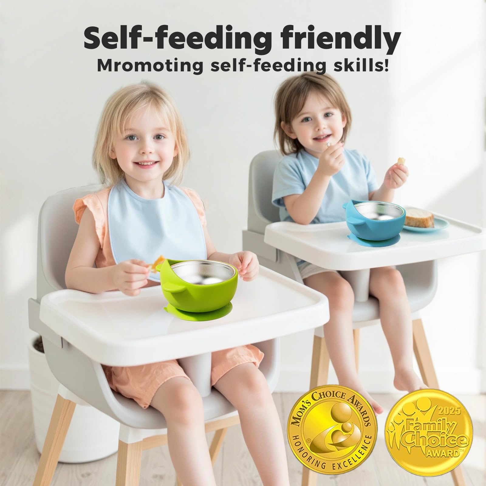 Bantroplis bear-ear handles and vibrant colors aid grip during mealtimes.