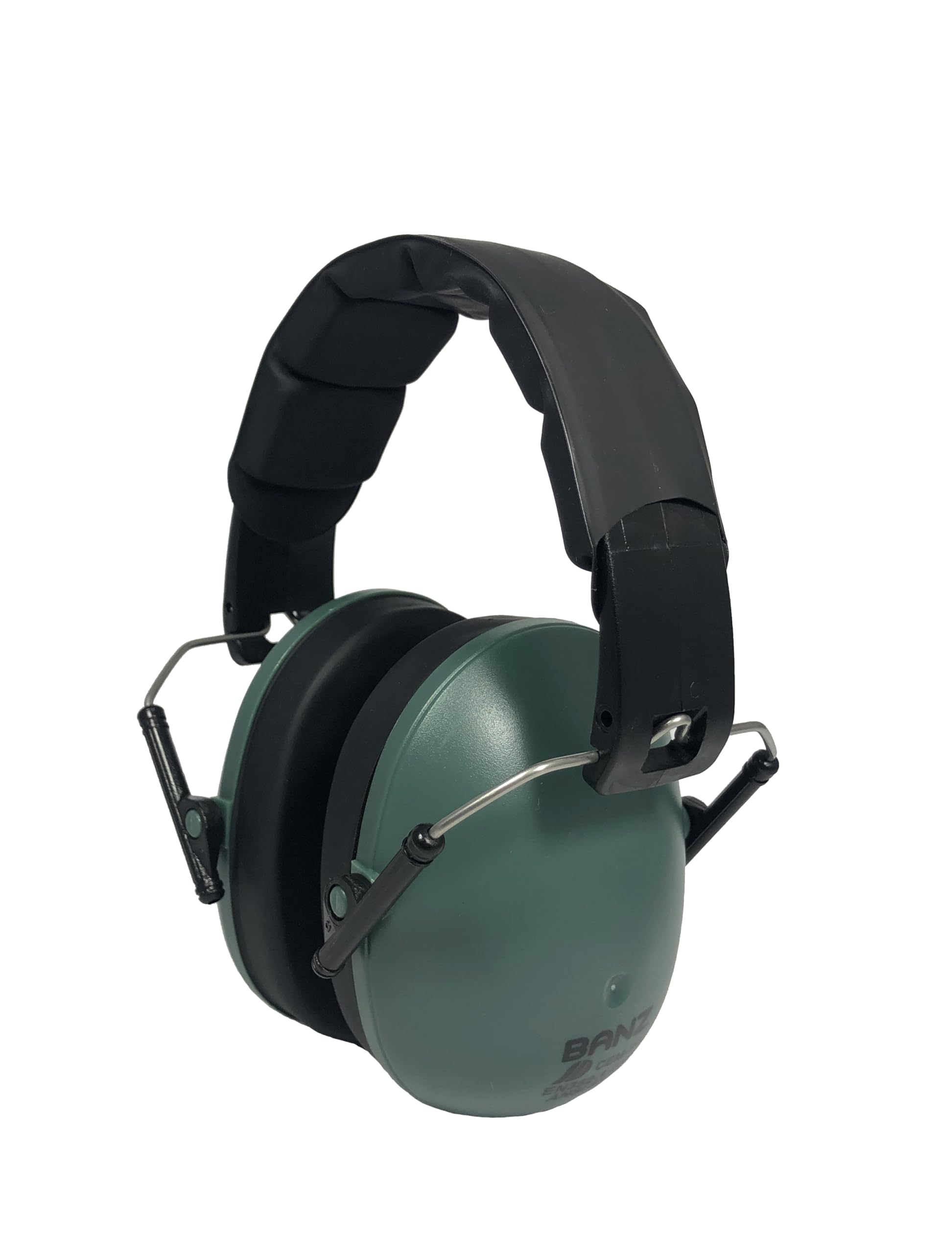 Banz Kids Earmuffs dark green foldable design provides portable hearing protection.