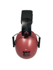 BANZ Kids Earmuffs Maroon headband closeup shows soft leather-like cover