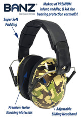BANZ Kidz earmuffs camo-green headband closeup highlighting foam padding for comfort