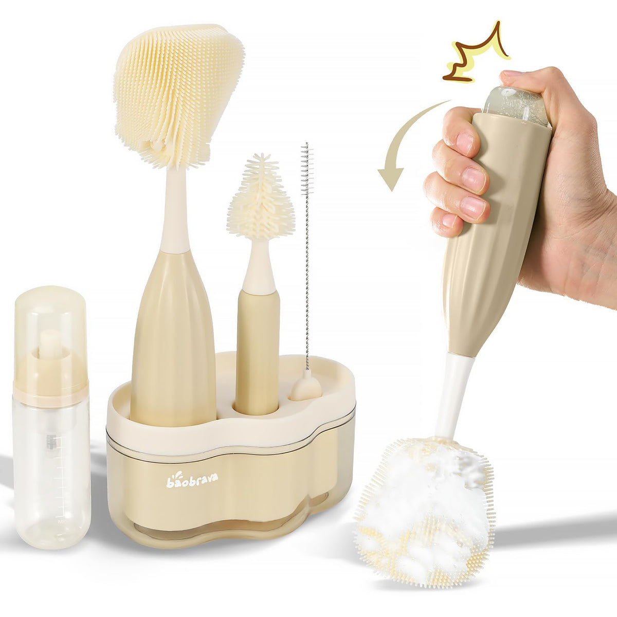 Baobrava baby bottle brush set with bendable head reaches corners for deep bottle cleaning.