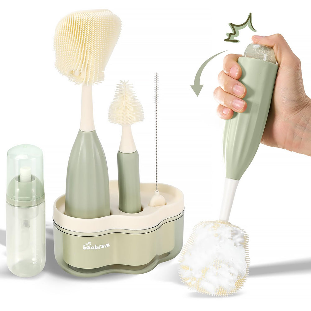 Baobrava bottle brush set with bendable head cleans hard-to-reach bottle corners.