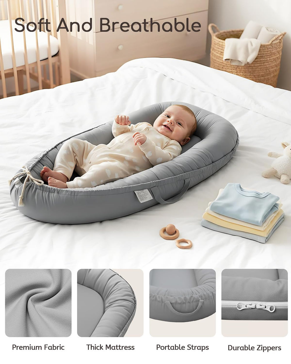 Baobrava Baby Lounger adjustable size fits babies from 0 to 24 months.