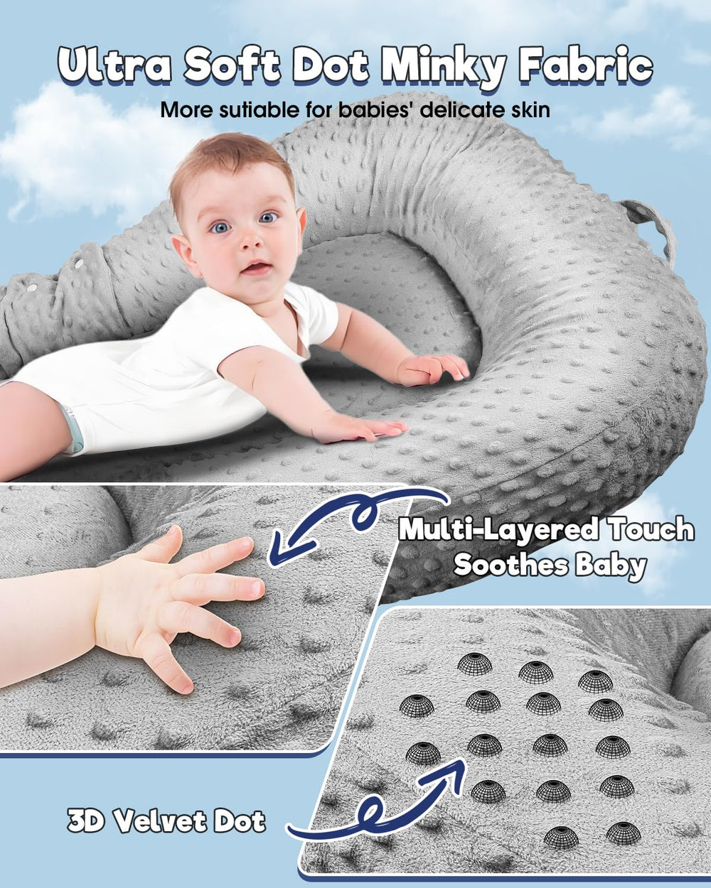 Baobrava Baby Lounger Pillow double-sided fabric offers versatile textures