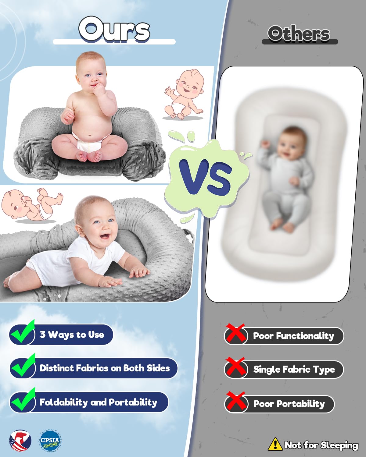 Baobrava Baby Lounger Pillow folded for travel highlights compact portability