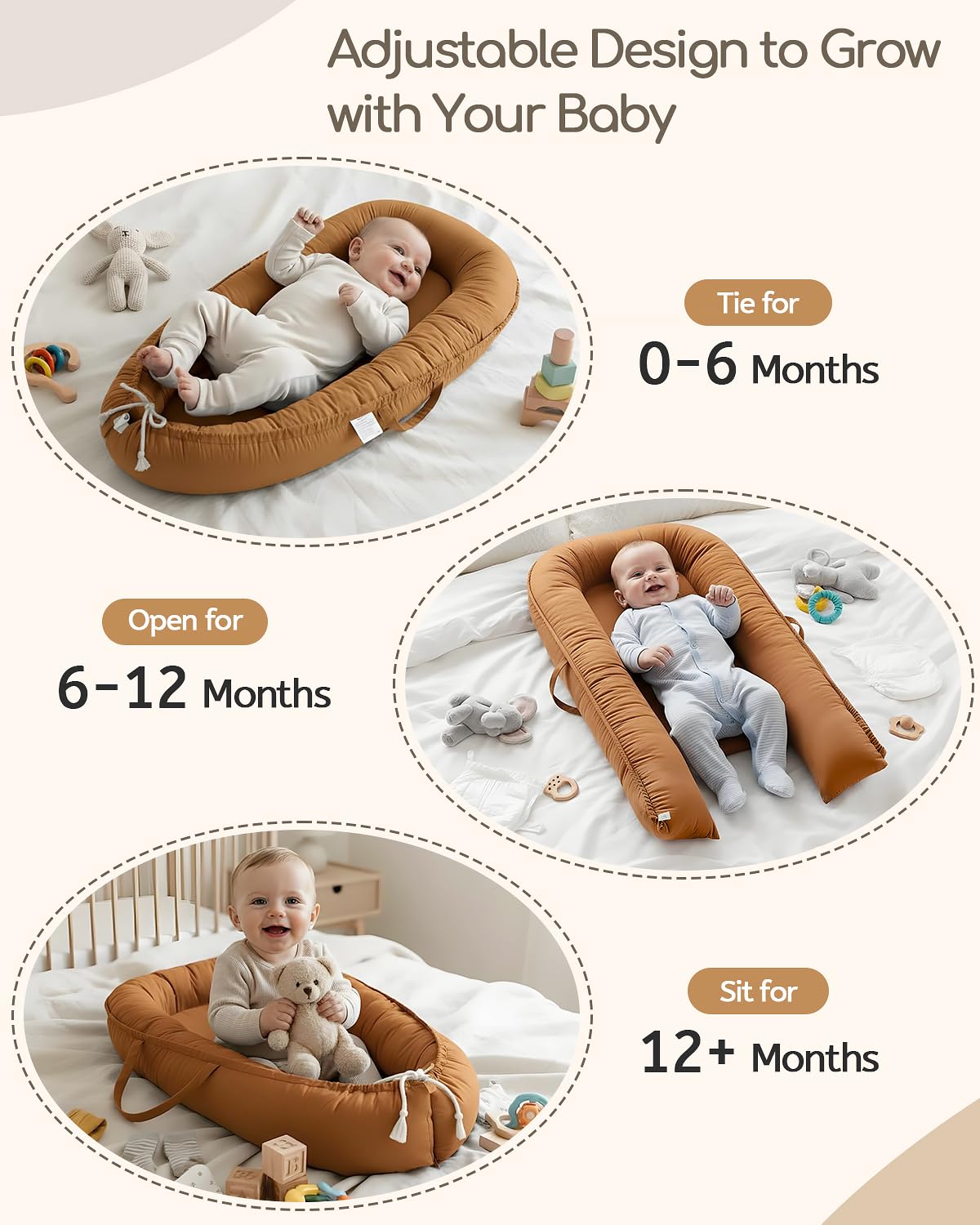 Baobrava infant lounger foam bumper closeup shows cushioned safety for gentle support.