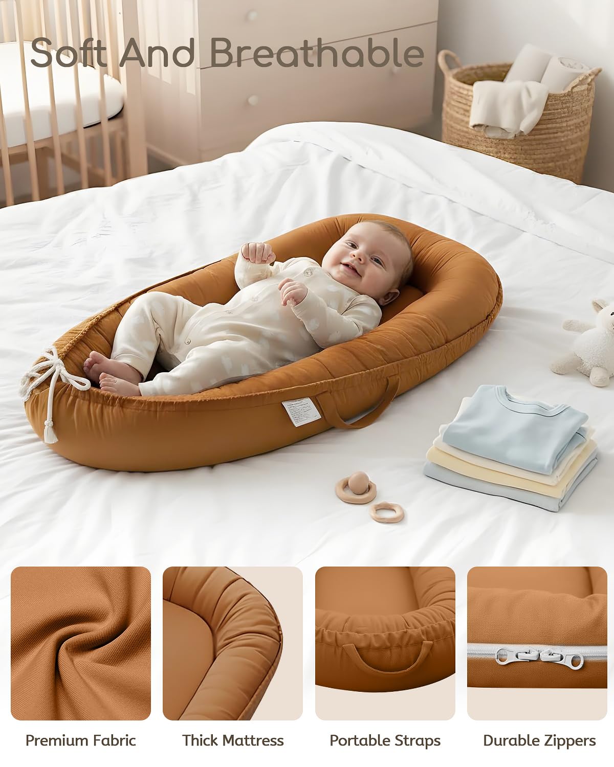 Baobrava newborn lounger in use shows snug, cuddle-like support for supervised resting.
