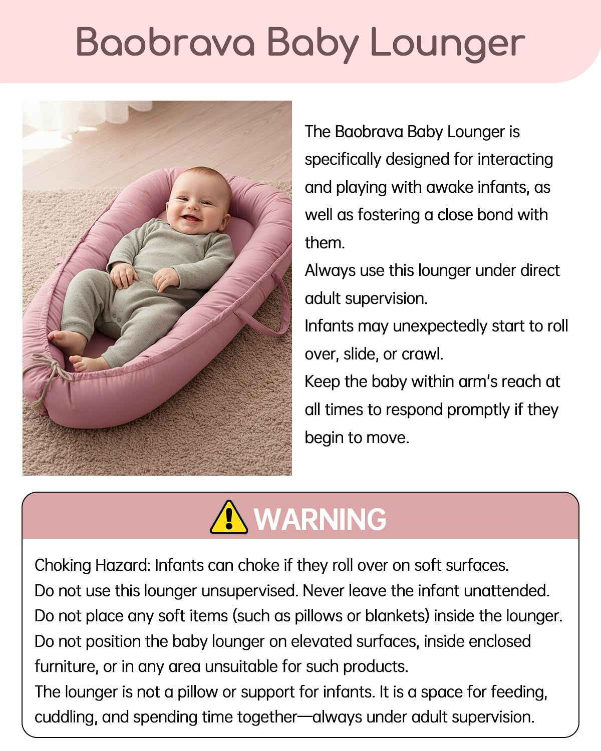 Baobrava newborn lounger safety-usage guidance emphasizes supervised positioning.