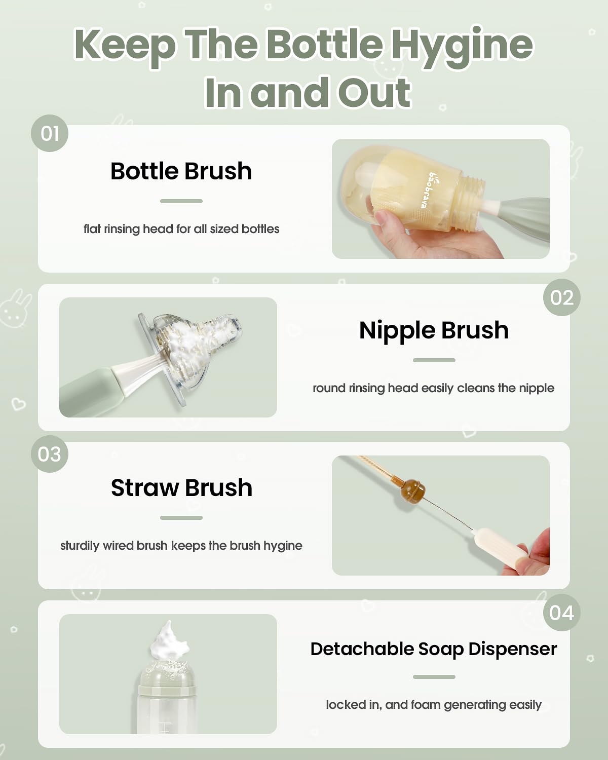 Baobrava nipple brush reaches tight openings for thorough cleaning.