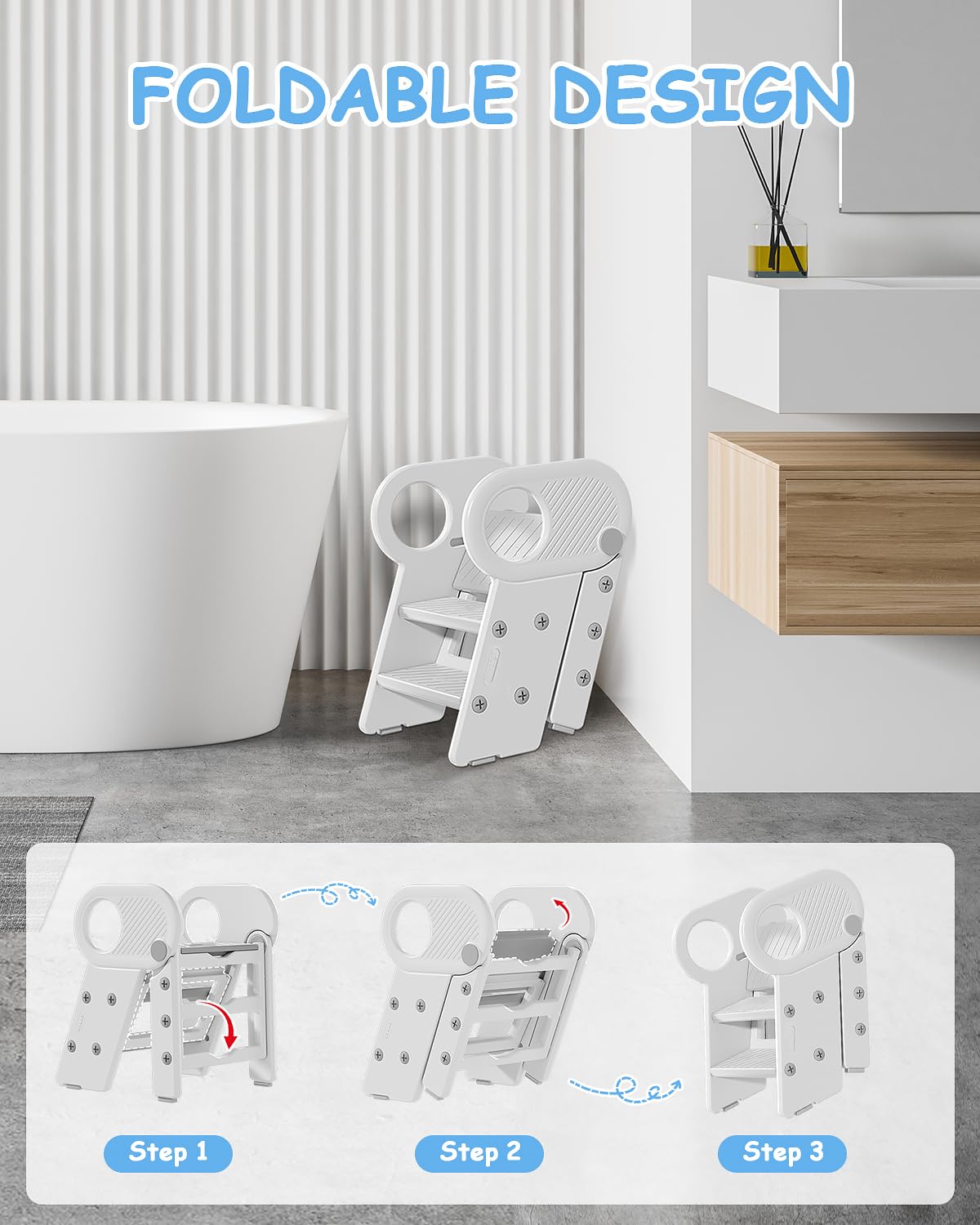 Baobrava step stool beside bathroom sink for easy grooming
